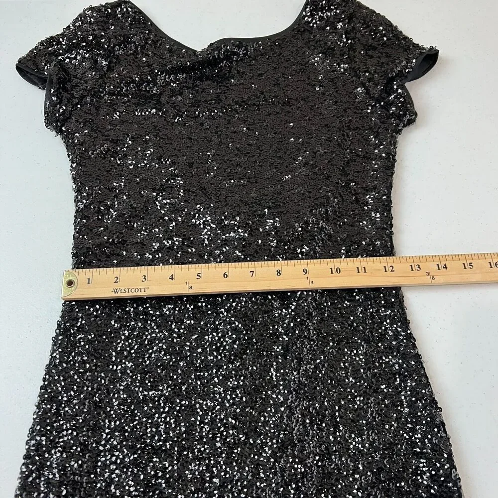 BLACK Mini Dress Small Black Sequined Short Sleeve Open Back Cocktail - Picture 7 of 12